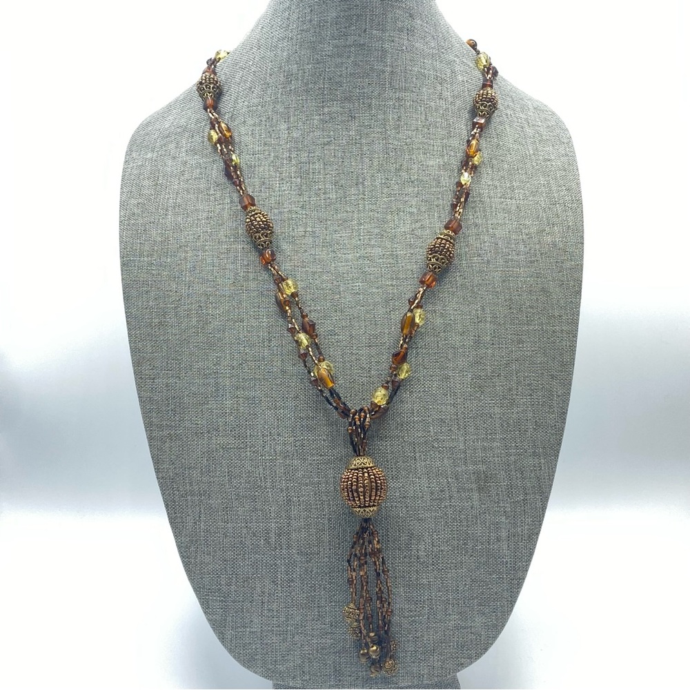 Chico's Triple Strand Seed Bead Crystal Necklace Tassel Earthy Amber Brown Boho